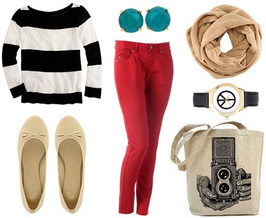 Museum outfit: Colorful jeans, striped sweater, flats, scarf, tote, watch