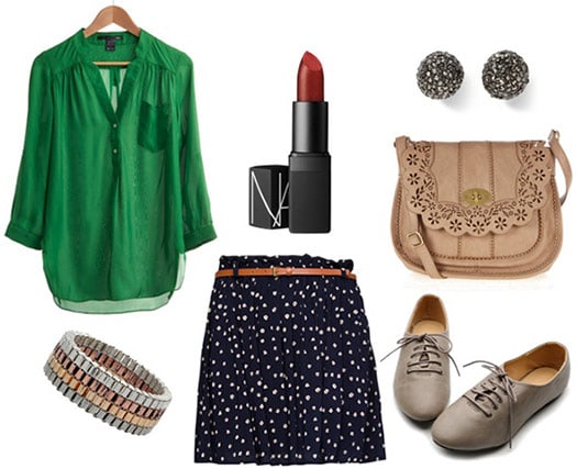 Museum outfit: Green blouse, printed skirt, lipstick, satchel bag, oxfords, lipstick