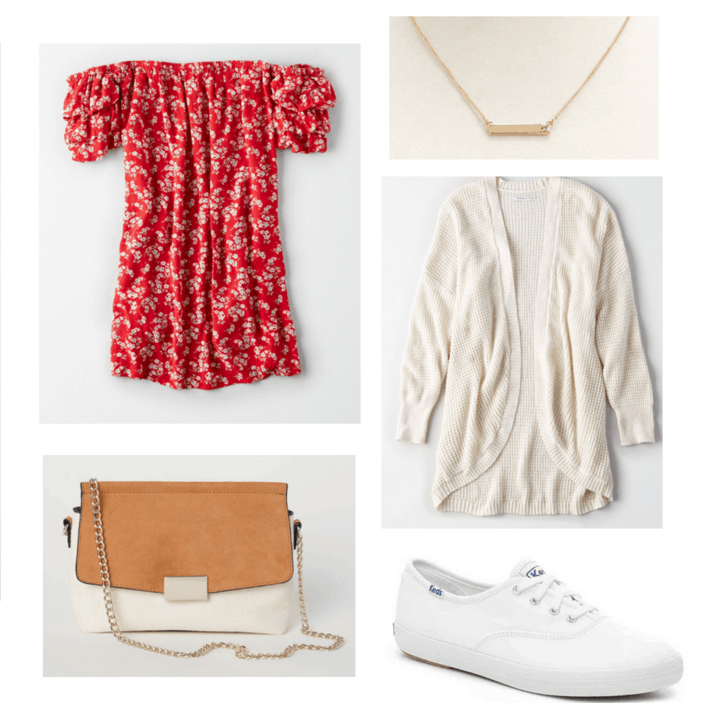 red floral off shoulder dress, brown crossbody, gold necklace, oatmeal cardigan, white Keds