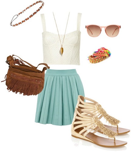 Style a bustier and skirt for a music festival with neutral sandals, a fringe bag, earthy jewelry and retro sunglasses