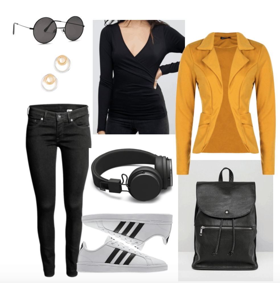 black and mustard outfit