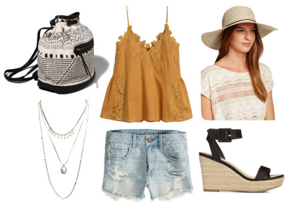 mustard tank, denim shorts, wedged