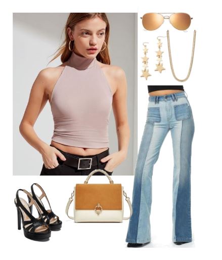 Look chic in retro 70's attire: Yellow Aviator Sunglasses; Turtle Neck Tank Top; Bell Bottom Jeans; Strappy Platform Sandals; Gold Chain, Gold Star Earrings