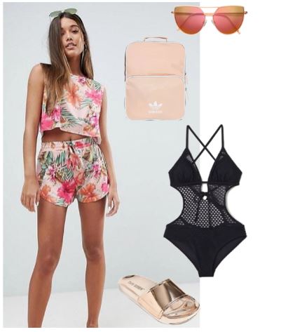 Two-piece mix & match sporty beachwear complete with pink aviator sunglasses, black lace swimsuit, classic Adidas pastel pink backpack, and metallic platform slide sandals. Perfect style for an outing at Myrtle Beach
