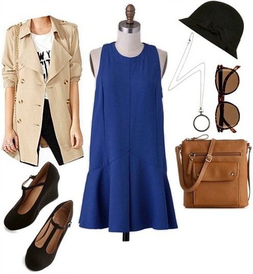 Nancy Drew Outfit: Trench Coat, Blue Dress, Cloche Hat