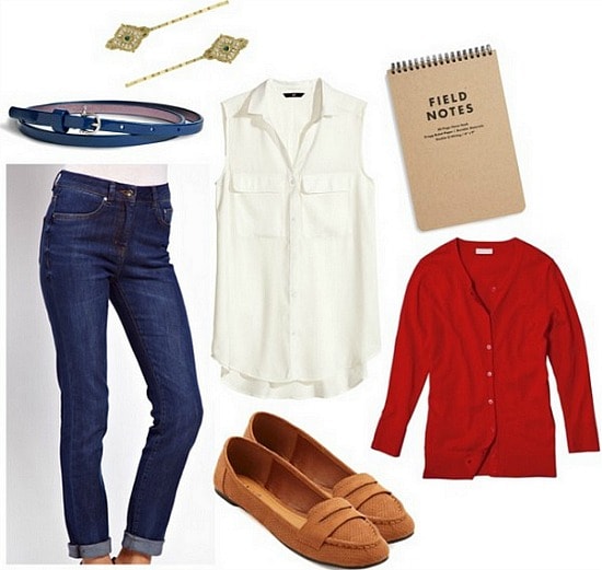 Nancy Drew Outfit: Penny Loafers, Cardigan, White Blouse