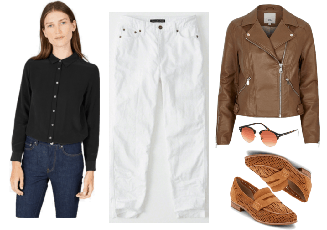 Fashion Inspired by Music Videos: "Famous," by Nathan Sykes--Outfit #3 featuring black silk long-sleeved button-up shirt, white high-rise girlfriend jeans, tan faux leather jacket, round tortoise club master-style sunglasses with orangey-brown ombré lenses, cognac-brown perforated loafers