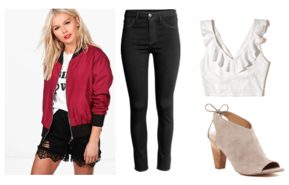 Life is Strange fashion: Outfit inspired by the character Nathan from the video game. Includes: Black skinny jeans, beige peep toe booties, ruffle crop top in white, red and black bomber jacket