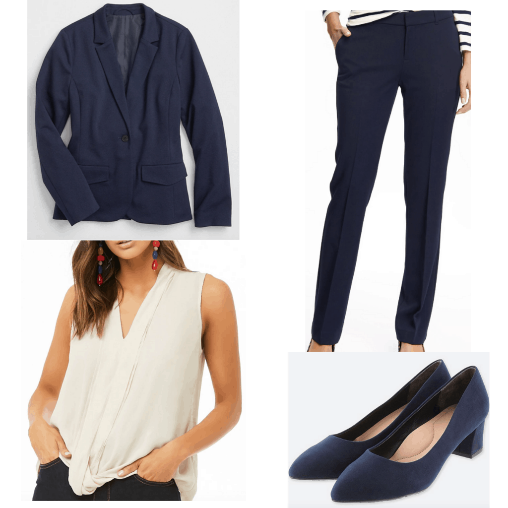 Navy blazer with fitted navy pants, cream blouse, and navy block heels