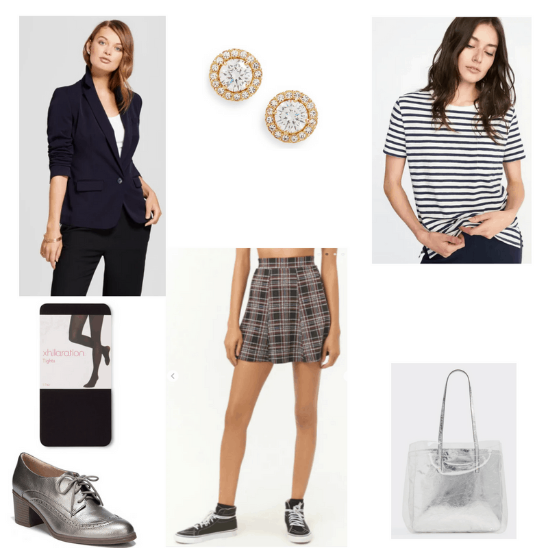 Outfit with navy blazer, striped tee, plaid skirt, metallic oxfords, black tights, clear bag, and stud earrings