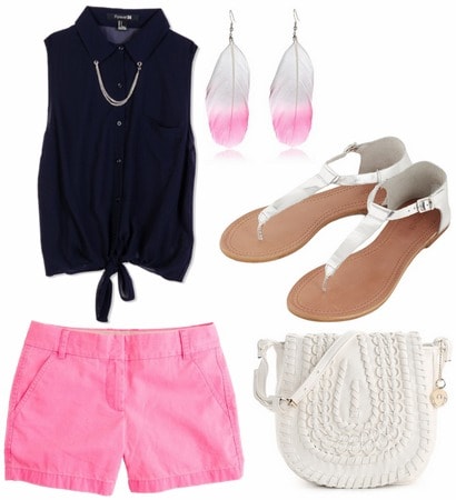 Navy blouse, hot pink shorts, feather earrings