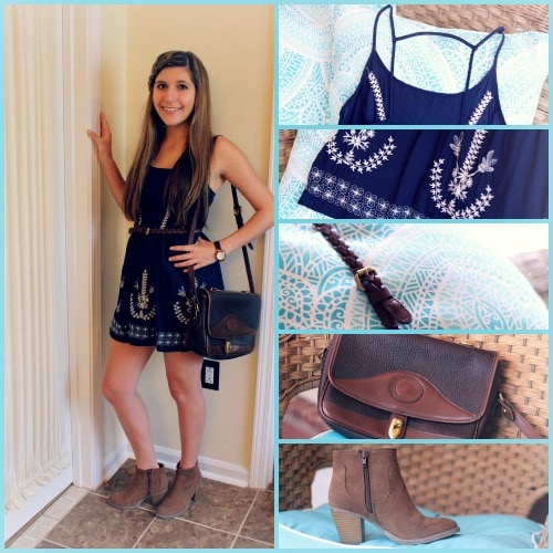 Navy dress white embroidery brown accessories tan booties outfit