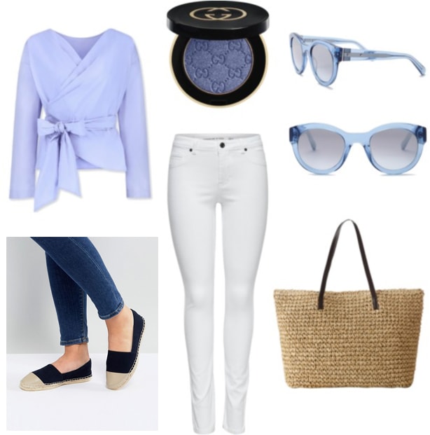 Blue and white outfit for spring: White skinny jeans, pale blue sunglasses, straw tote bag, navy blue espadrilles, light blue wrap blouse, blue eyeshadow.