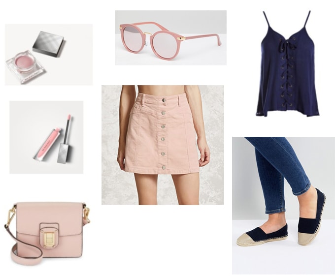 Pink and navy blue spring outfit: Blue lace up top, light pink button skirt, pink leather bag, pink sunglasses, navy blue espadrilles, light pink lipgloss and eyeshadow.