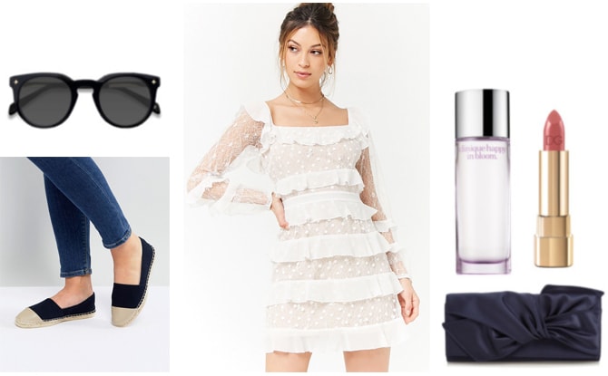 Outfit for spring: White ruffled dress, navy blue espadrilles, navy blue clutch, nude lipstick, navy blue sunglasses and perfume.