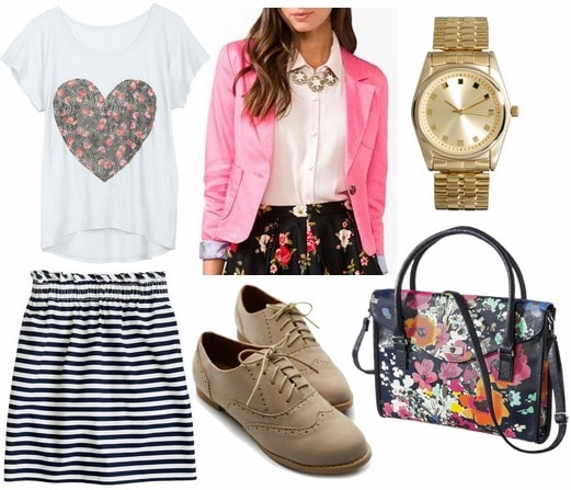 Navy striped skirt, graphic tee, hot pink blazer