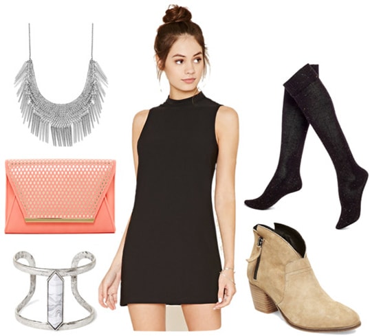 Dreamy outfit idea: Black dress, coral clutch, silver jewelry, tights, ankle boots