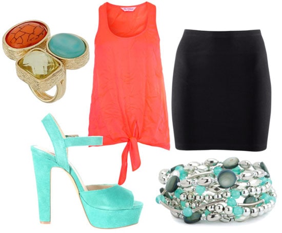 How to wear a neon top for night with a black skirt, turquoise heels and bracelets