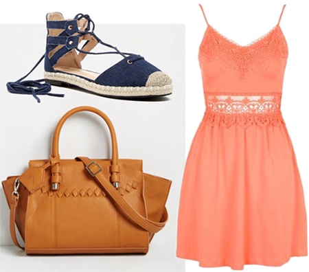 Neutral camel bag, coral dress, navy espadrilles