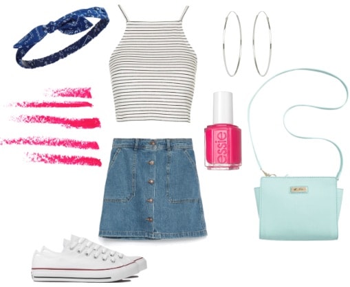 80s outfit with denim skirt and crop top