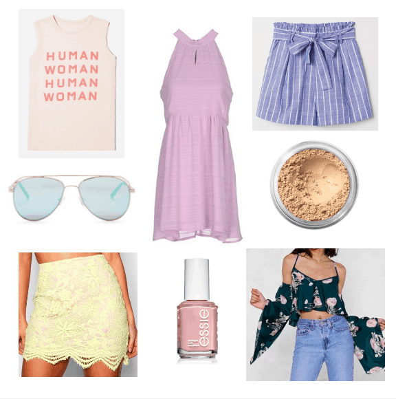 pink top, blue sunglasses, yellow skirt, lilac dress, pink polish, blue shorts, concealer, green top