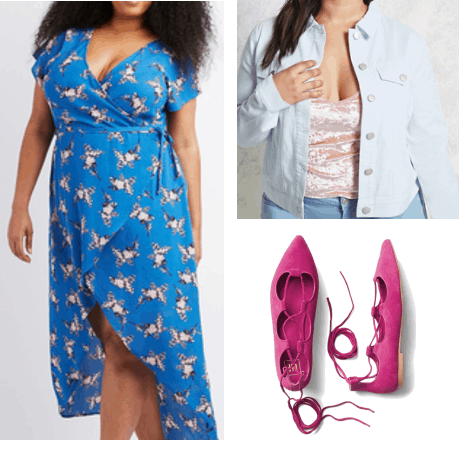 plus size floral wrap dress plus size denim jacket hot pink lace-up sandals