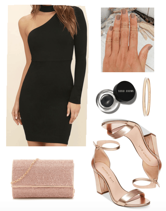 New Year's outfit including black bodycon one-shoulder dress.