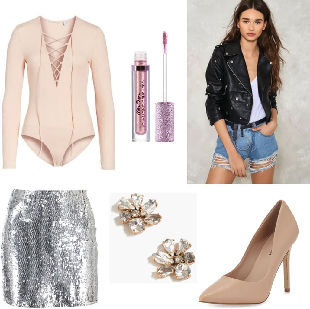 New Year's Eve outfit: What to wear on new year's with lace-up bodysuit, sequin skirt, nude pumps, leather jacket, lip gloss, statement earrings