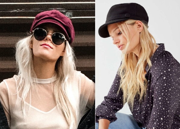 Newsboy Cap Trend: on the left, a velvet burgundy Forever 21 cabby hat and on the right, a black Urban Outfitters baker boy hat with wide brim.