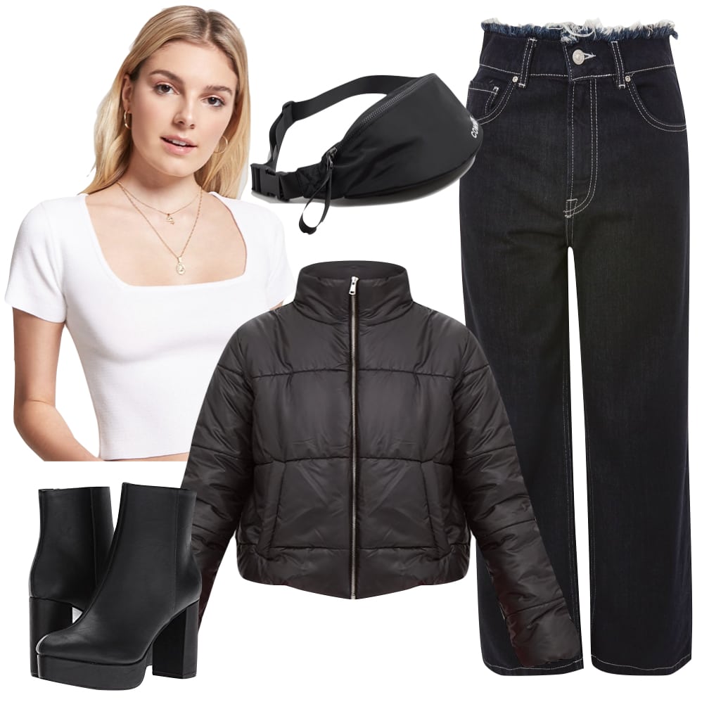 Nicola Peltz Outfit: white square neck crop top, cropped black puffer jacket, wide leg jeans, black platform ankle boots, and a black bum bag