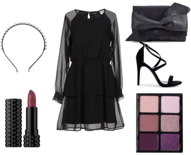 Night out clutch outfit: Sheer black long sleeve dress, strappy black heels, studded headband, lipstick, purple eyeshadow palette, black bow clutch