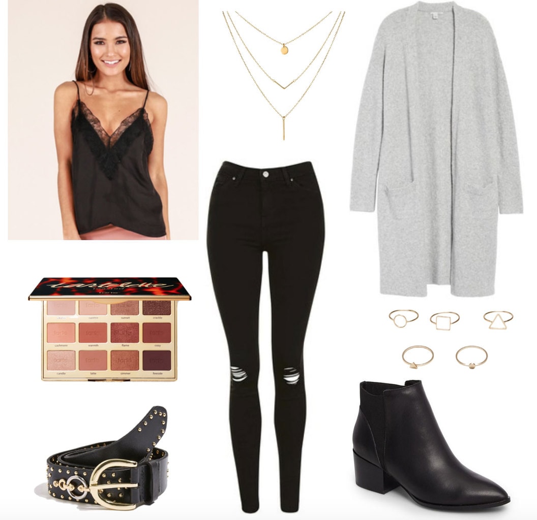 Night out with friends outfit: Ripped jeans, eyelash lace tank, slouchy cardigan, layered necklaces, studded belt, Chelsea boots, stacked rings, Tarte toasted eyeshadow palette