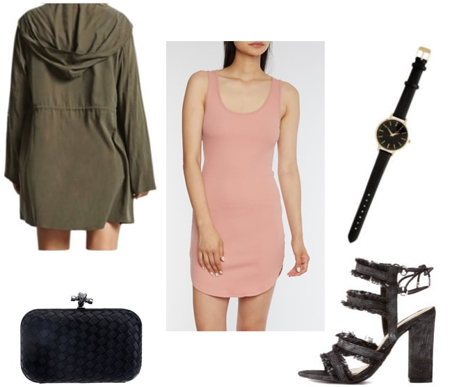 How to style a rose pink bodycon dress for a night out with distressed strappy heels, an oversized army jacket, a woven clutch, and a black and gold watch