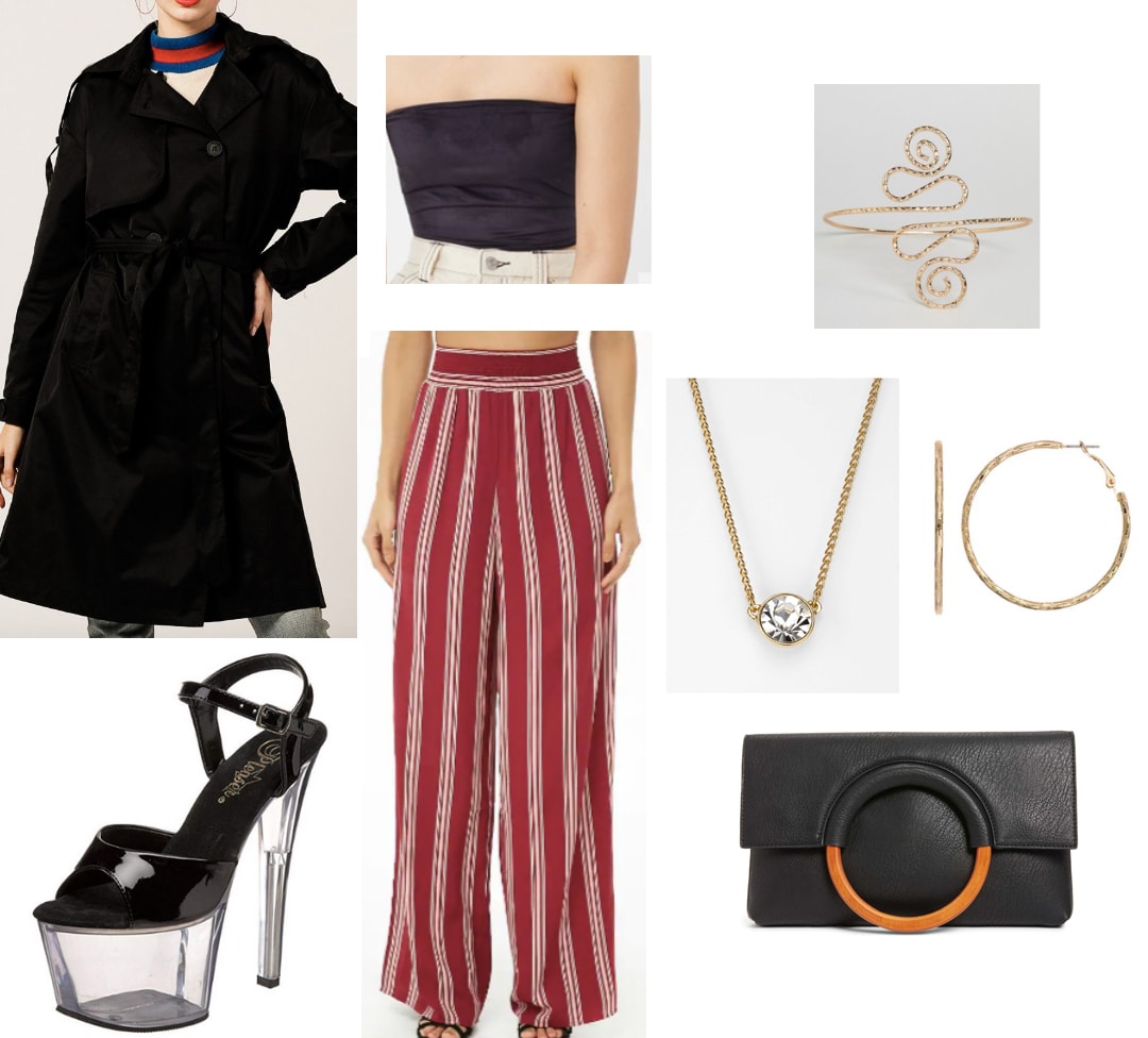 Striped pants nighttime outfit: How to wear striped pants for a night out with long black coat, black tube top, black clutch, gold jewelry and perspex heels