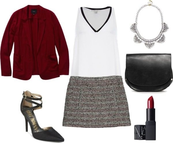 tweed skirt, blouse, and blazer outfit