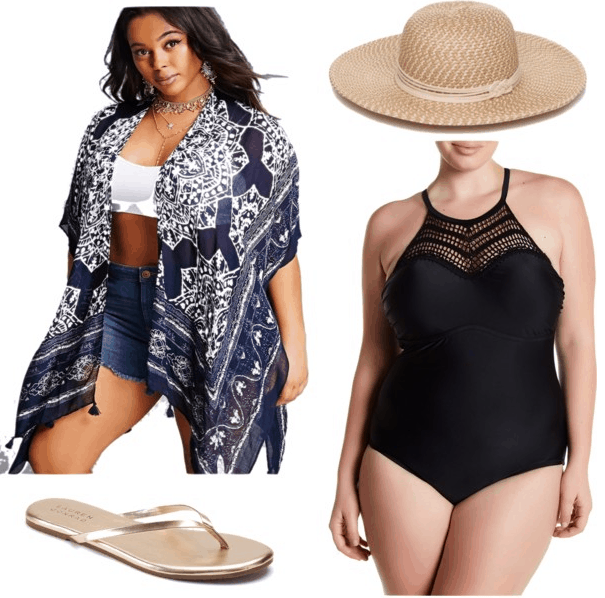 plus size kimono jacket plus size black swimsuit beach hat gold flip flops