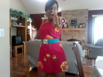 Northwestern University fashionista in a brightly colored dress