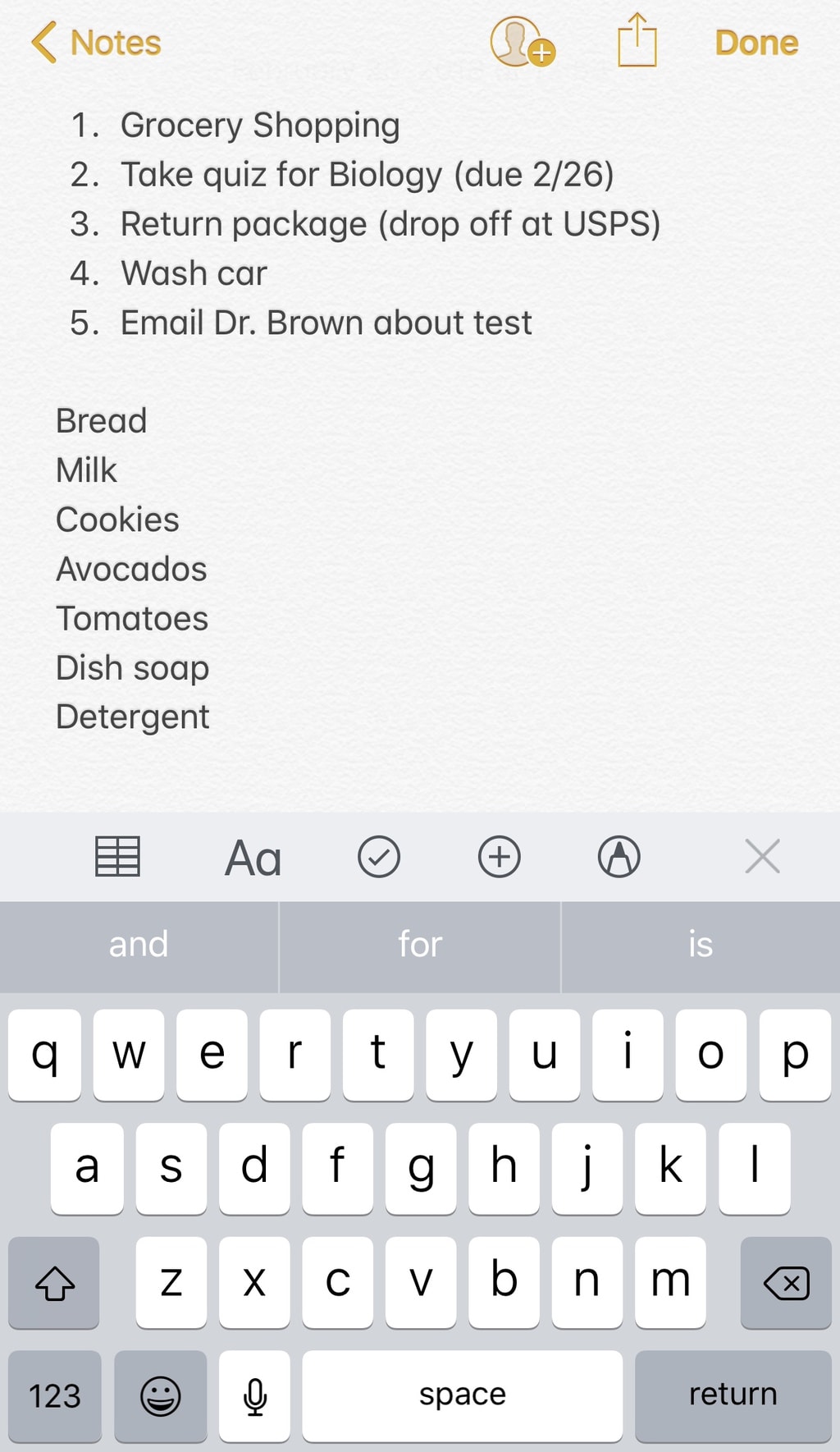 Notes App including a list of to-do items and a grocery list.