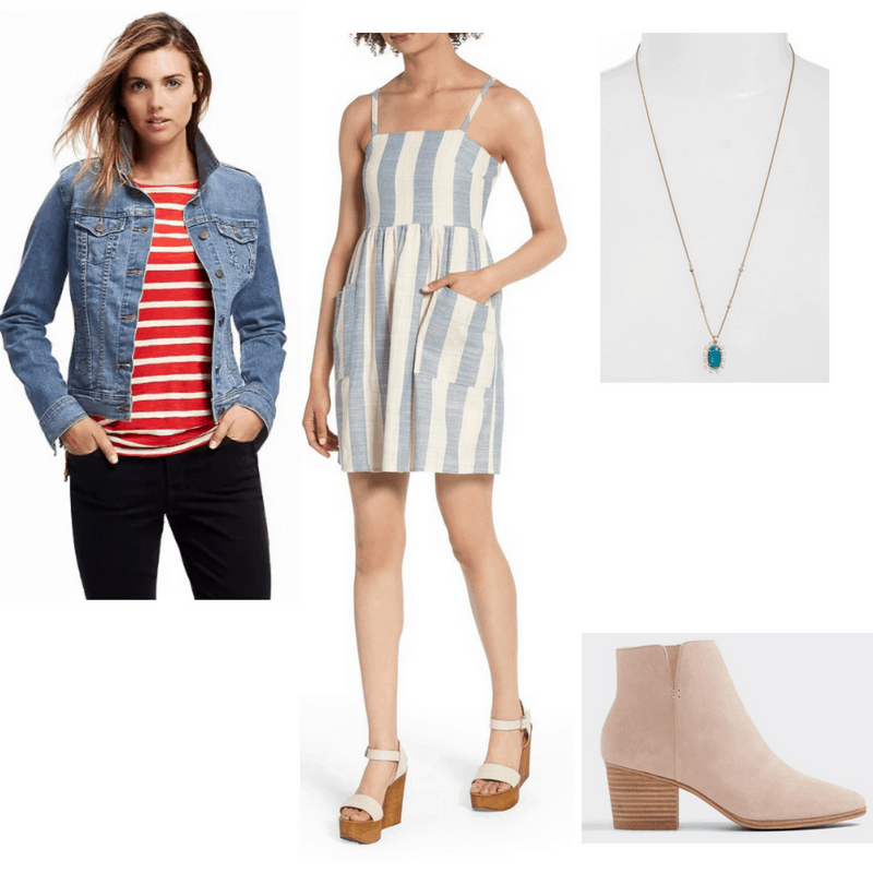 Outfit with denim jacket, striped sundress, ankle boots, and blue pendant necklace