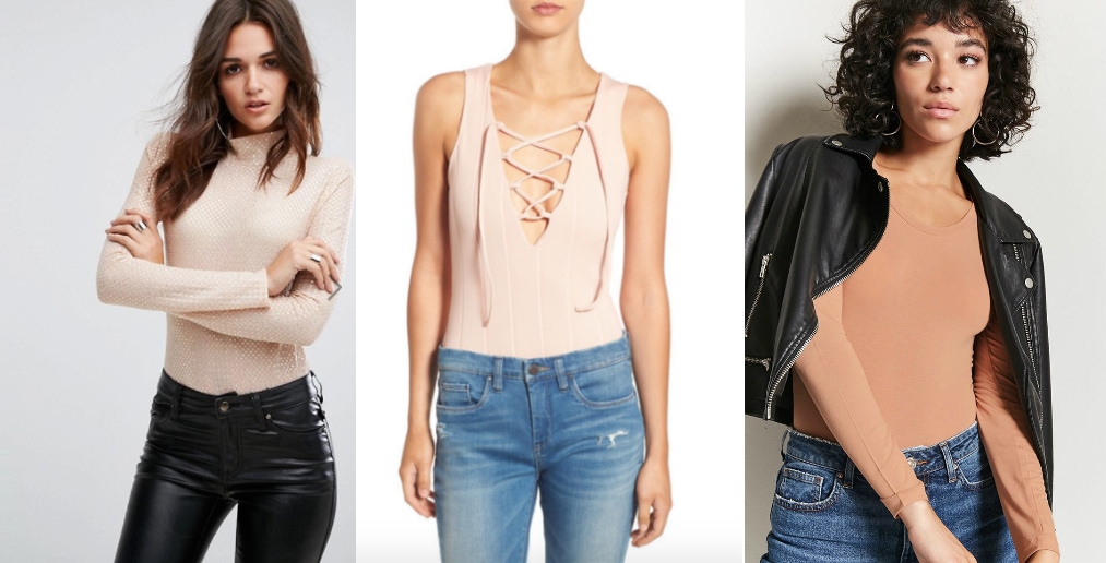 Nude bodysuit trend (left-to-right): a long sleeve mock turtleneck sequin bodysuit from ASOS, a deep V-neck laceup tank top style bodysuit from Nordstrom Rack, and a long sleeve crew neck bodysuit from Forever 21 shown with a motorcycle jacket.