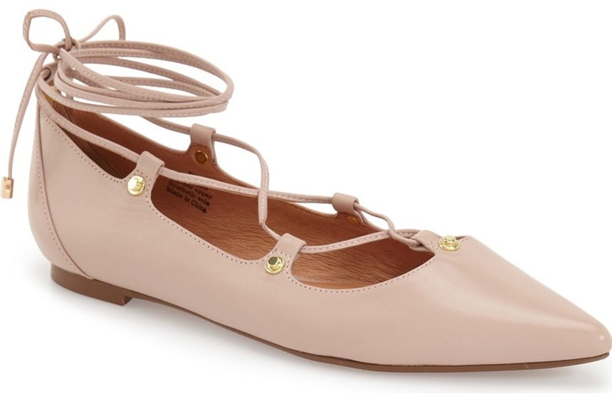 Nude lace up pointed toe flats