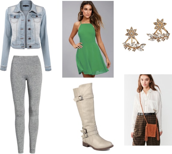 Numbuh 3 x Serena Van Der Woodsen outfit with gray leggings, green dress, denim jacket, floral earrings, knee-high boots, and a fringe crossbody bag