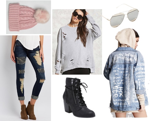 Outfit inspired by street style at NYFW: Distressed sweatshirt, ripped jeans, denim jacket, lace-up booties, knit hat