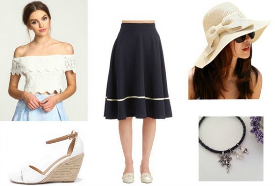 Outfit inspired by Ella Enchanted - skirt, off-shoulder top, sandals, hat, necklace