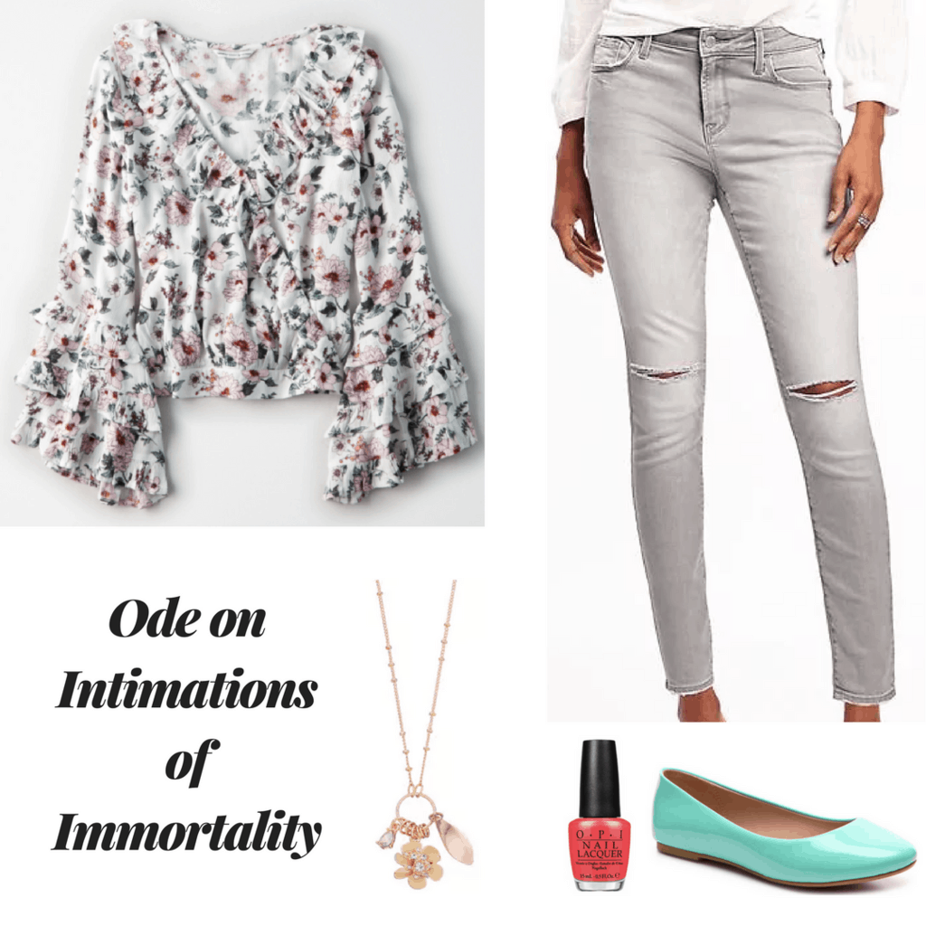 William Wordsworth outfit poetry inspired outfit ode on intimations of immortality outfit floral wrap top gray distressed skinny jeans teal flats coral nail polish gold coral necklace