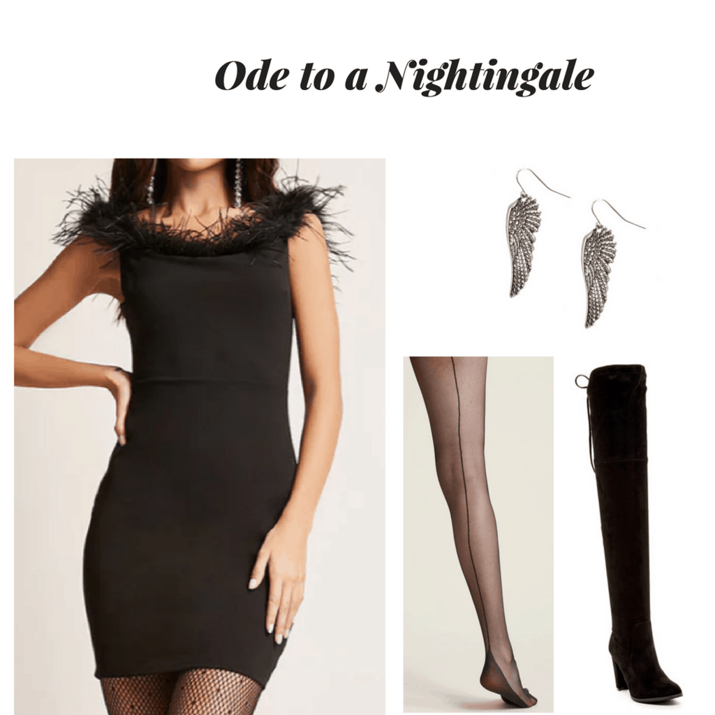 john keats outfit outfit inspired by poetry ode to a nightingale outfit feather black dress wing earrings pin up tights black over-the-knee boots