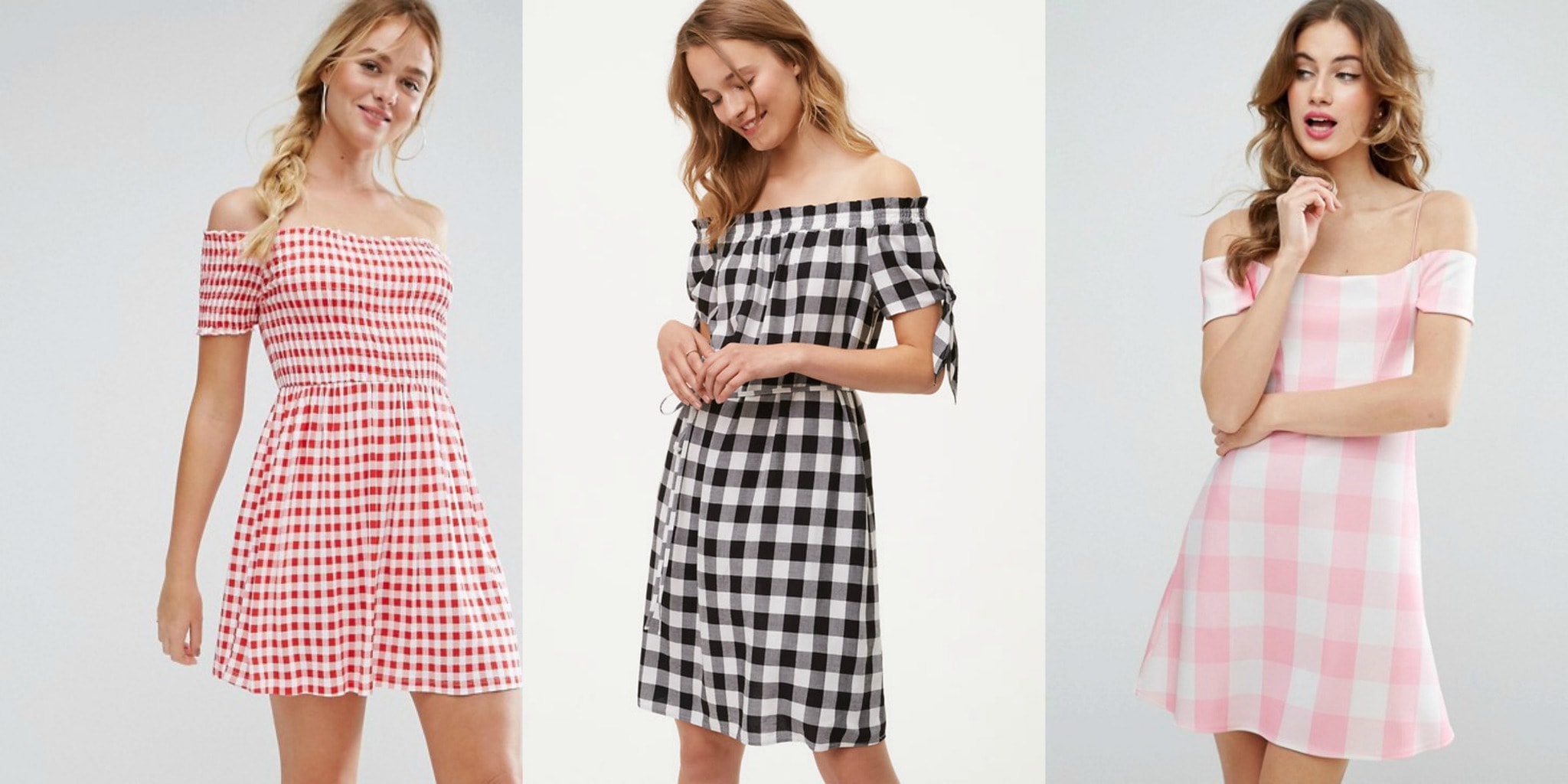 Off shoulder gingham dresses in red, black, and pink