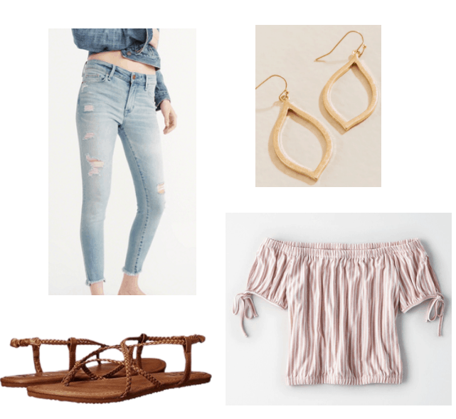 ripped jeans, brown sandals, golden earrings, pink off shoulder top