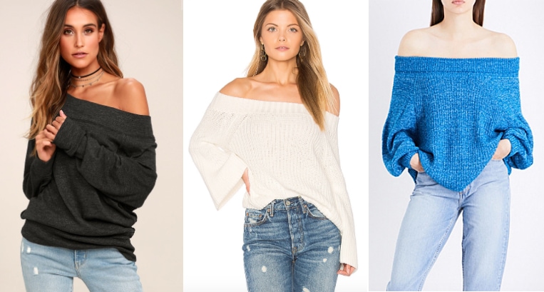 From left to right: a slouchy dark grey off-the-shoulder Free People sweater from Lulu's, a white off-the-shoulder sweater with flared sleeves from Revolve, and a bright cobalt blue off-the-shoulder sweater with baggy sleeves from Selfridges.