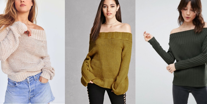 From left to right: a creamy waffle knit off-the-shoulder sweater from Urban Outfitters, a mustard off-the-shoulder sweater from Forever 21, and a forest green off-the shoulder sweater from ASOS.